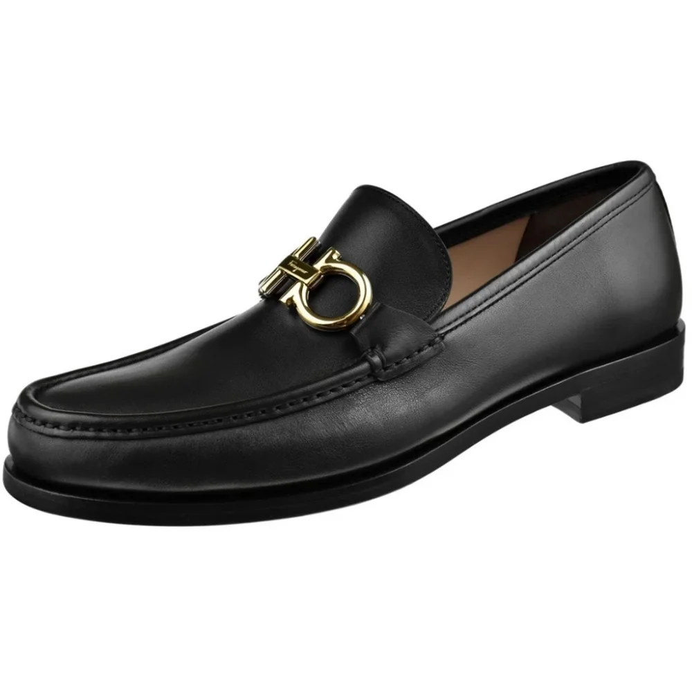 Ferragamo 8E W/Box Rolo Black Leather Men's Loafers Silver Gancini Links